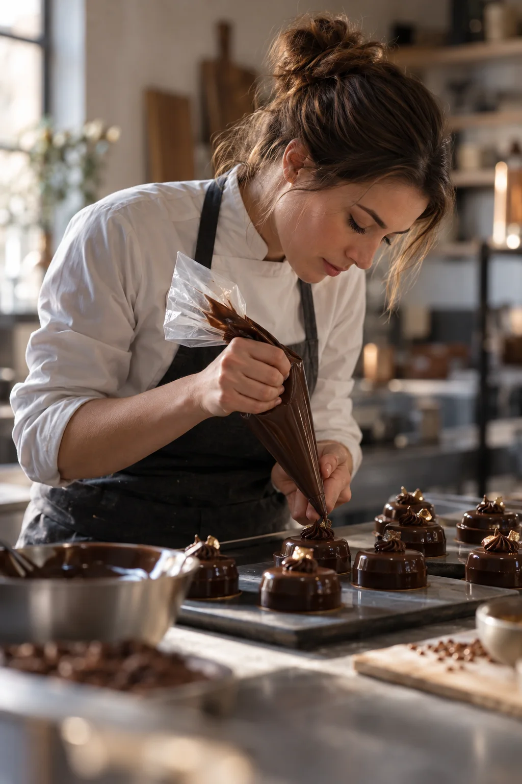 Une pâtissière travaillant avec précision en cuisine