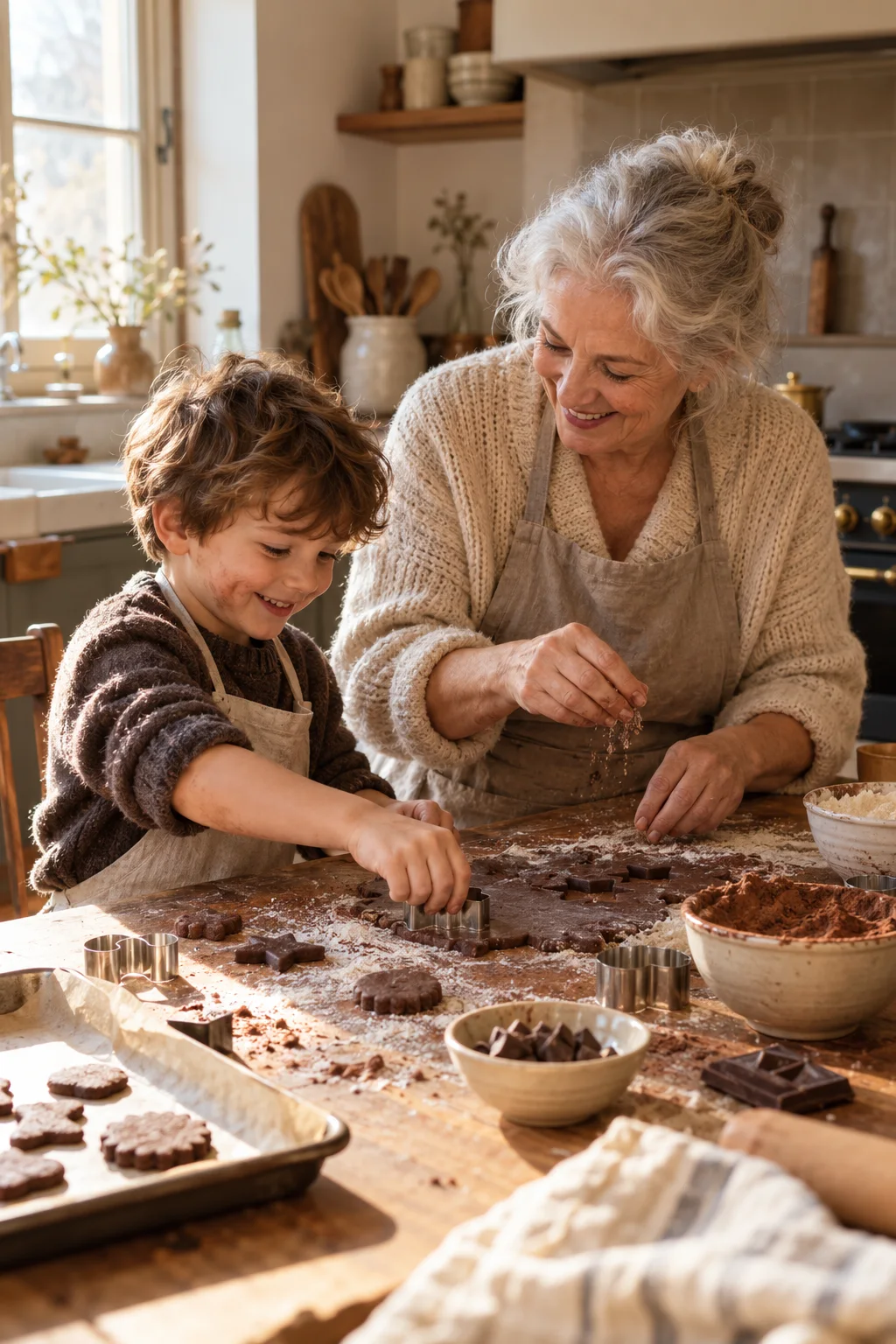 Une grand-mère et un enfant préparant une recette ensemble