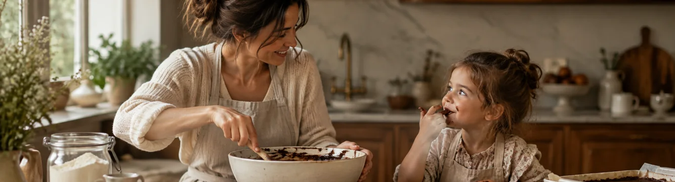 Une enfant et une adulte préparant une recette au chocolat